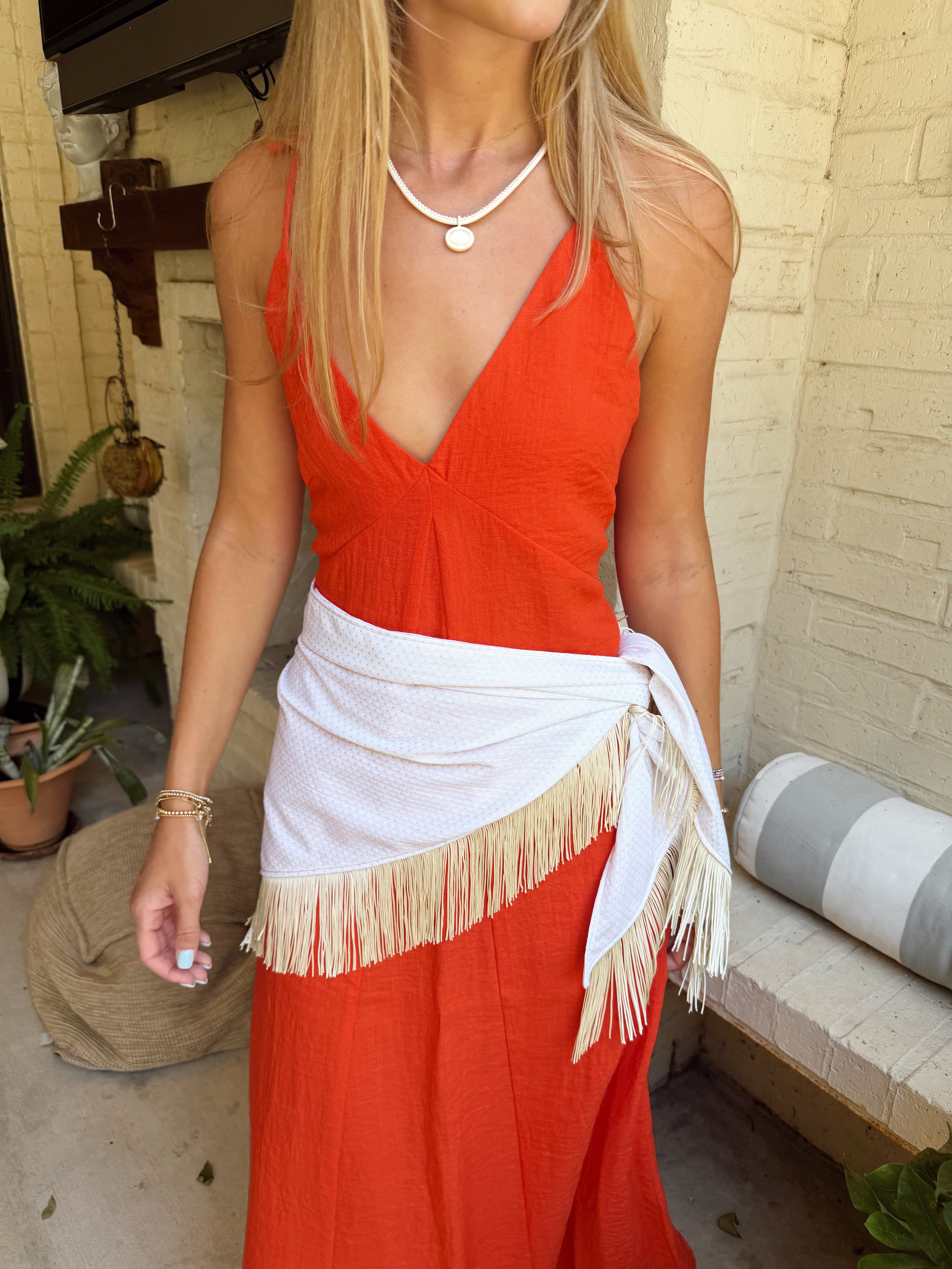 The White Fringe Trim Waist Scarf