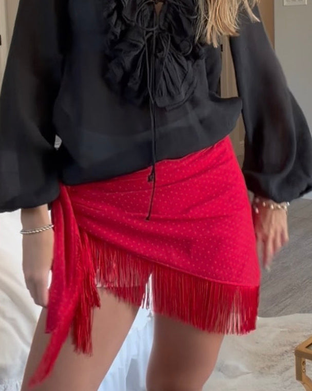 The Red Cross Stitch Fringe Trim Waist Scarf