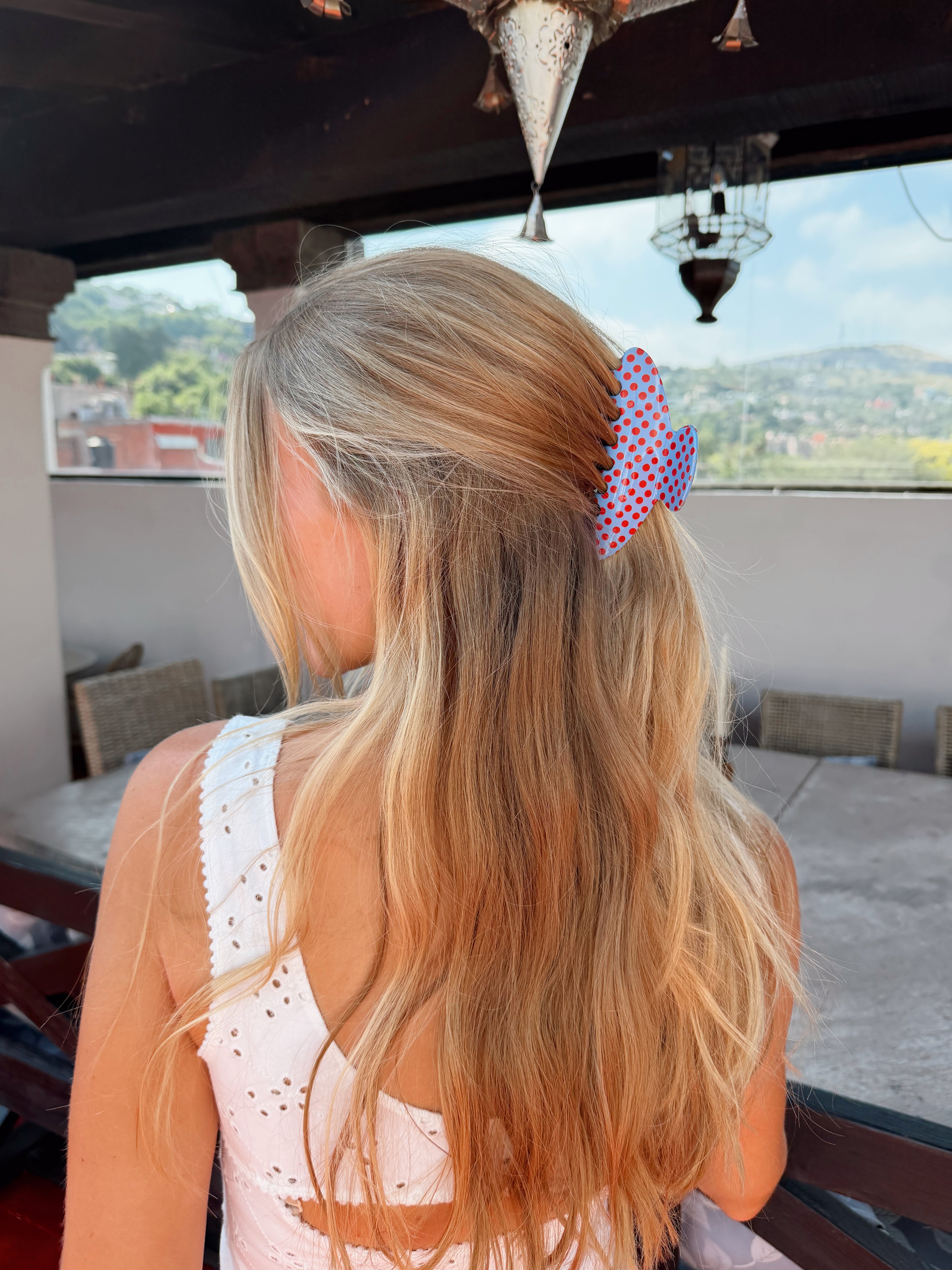 The Light Blue and Red Polka Claw Clip